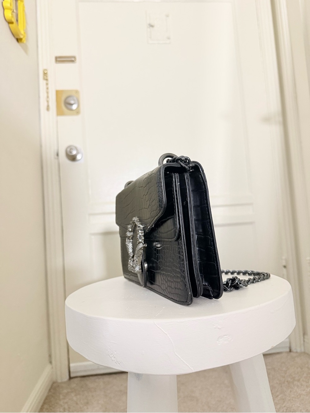 Black Croc-Embossed Leather Shoulder Bag with Silver Horsebit Accent - Picture 4 of 7